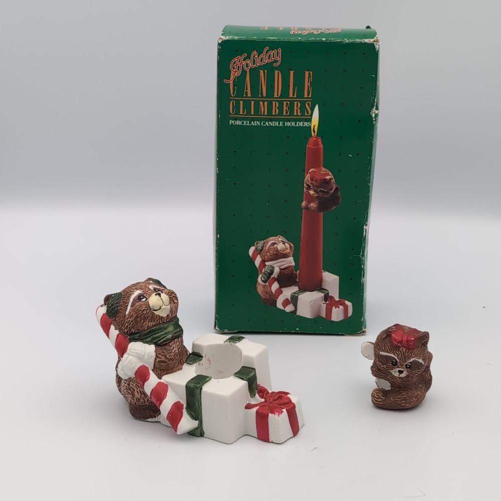 Vintage Giftco Holiday Candle Climbers Raccoons Porcelain Christmas Figurines
